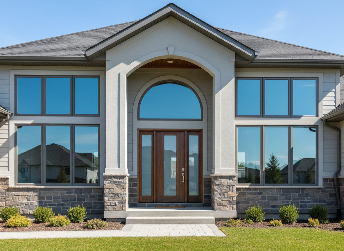 loco-windows-6a2a171835e53 A high-quality, inviting photo-style image of the exterior of a modern suburban home with large, beautiful energy-efficient windows and an elegant front door, bright daylight, clear view of the house facade, showcasing the windows and doors as the main focus, realistic photography style.